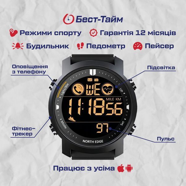 Чоловічий годинник North Edge Laker Black 5BAR 177 фото