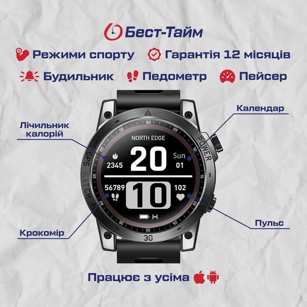 Смарт годинник North Edge CrossFit GPS Black з компасом 236 фото